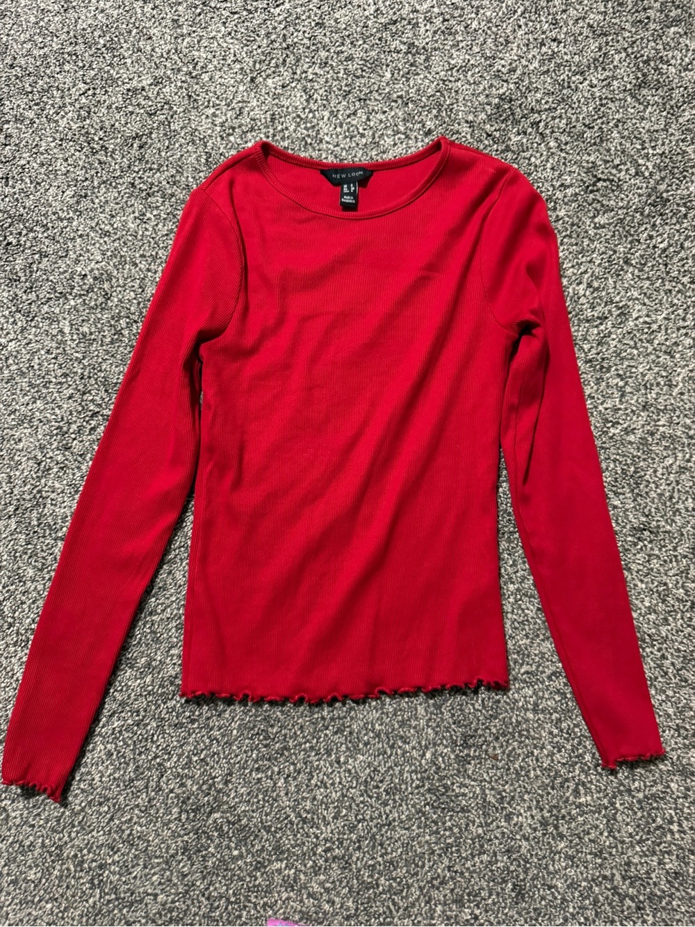 New Look Red Long-Sleeve Ribbed Top with Ruffled Hem